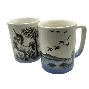 Pair of Vintage Otagiri Style Coffee Mugs Unicorn, Birds and Trees Ceramic